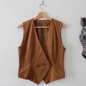 Vintage Camel Brown Draped Vest | Minimalist Sleeveless Blazer XS–S